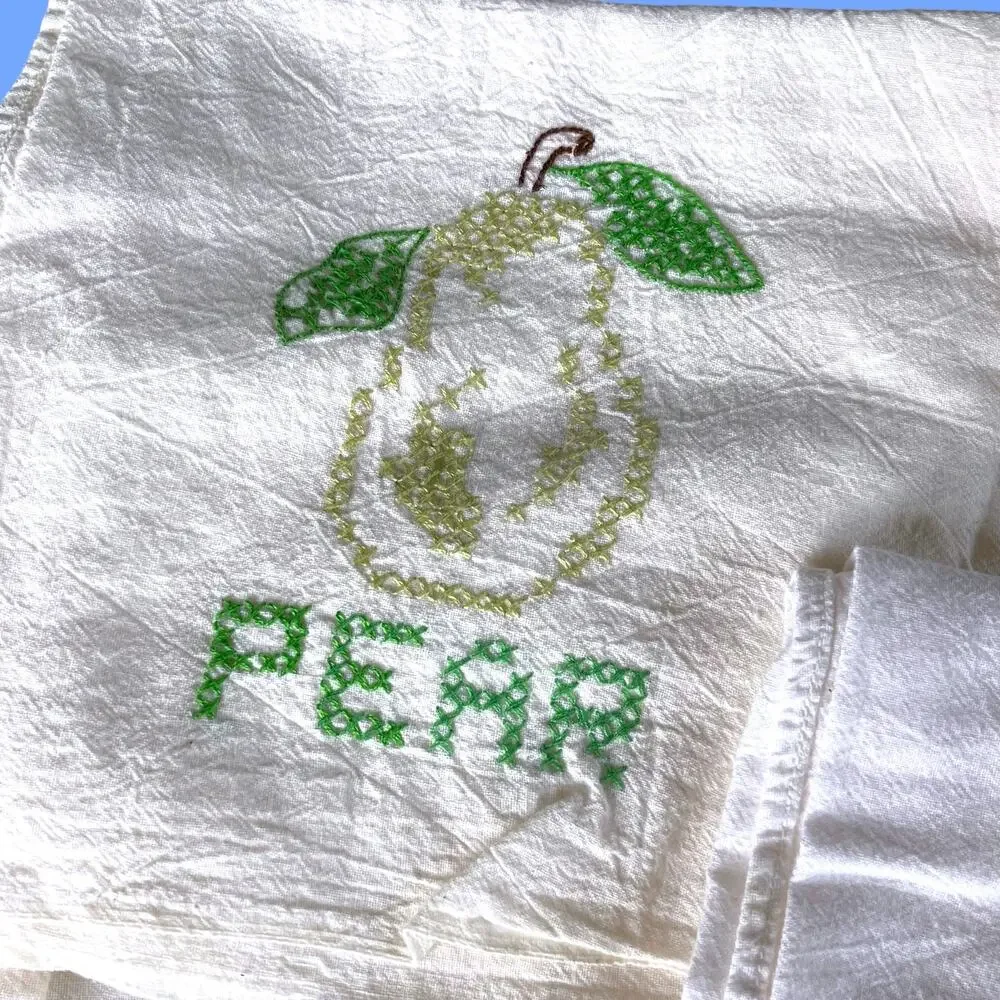 Vintage Fruit Embroidered Tea Towels Set 3 Farmhouse Kitchen Cross Stitch